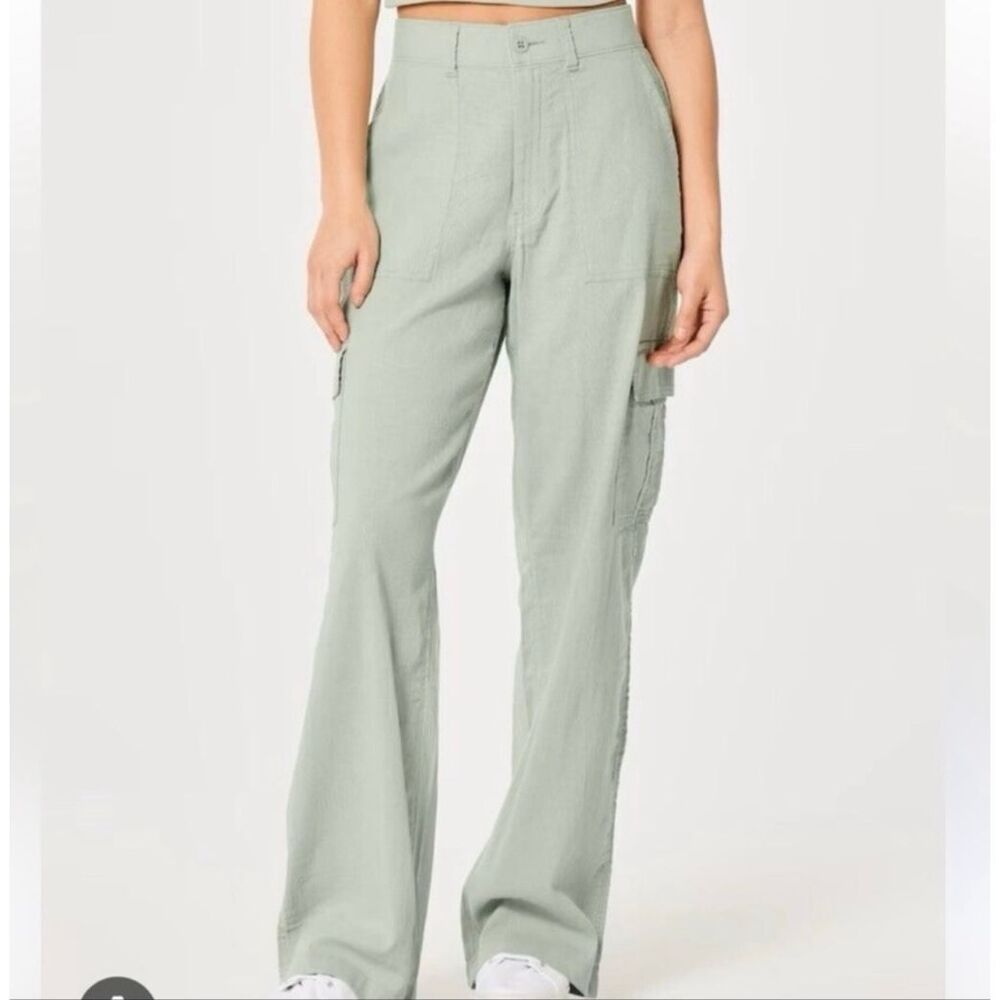 Hollister Ultra High Rise Cargo Pant Wide Leg Linen Blend Flowy Green Utility XS